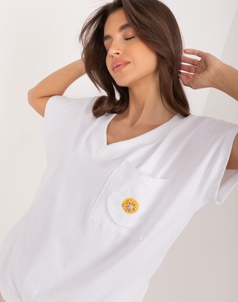 Biała damska bluzka z haftem i aplikacją RUE PARIS