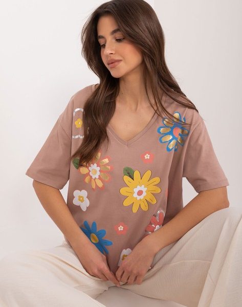 Jasnobrązowa damska bluzka w kolorowe kwiaty