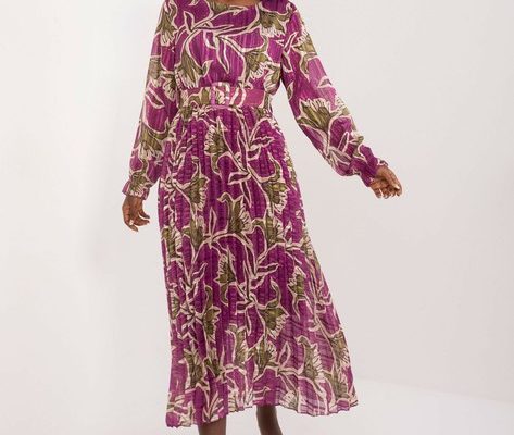 Fioletowa midi sukienka wieczorowa z printem